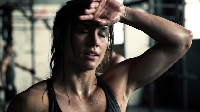 Strong Brunette Wiping Sweat from Her Face After Hard Workout In Industrial Gym in Close Up View Perfect for Fitness Advertising and Promoting Health Lifestyle