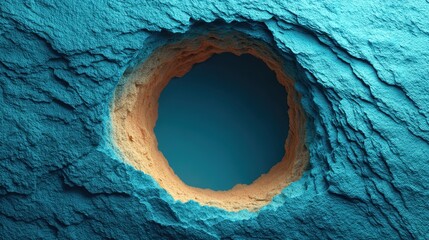A deep circular hole is revealed in the rough blue and tan textured ground