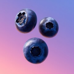 Three blueberries float against a blended pink-purple gradient background in a crisp, still life style