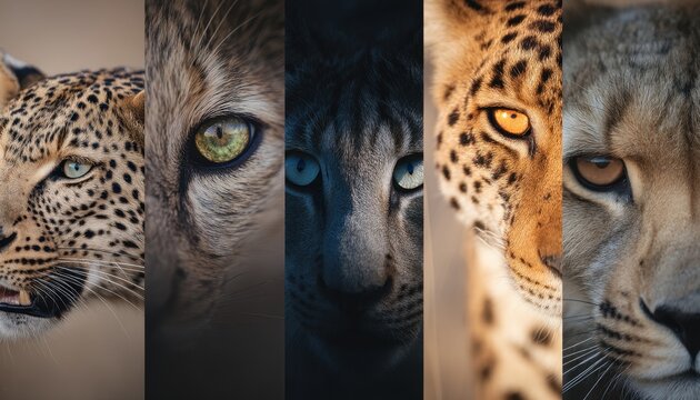 Retratos de cinco felinos salvajes: leopardo, gato mont&eacute;s, gato azul del Himalaya, guepardo y le&oacute;n