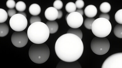 Many white spheres on a reflective black surface