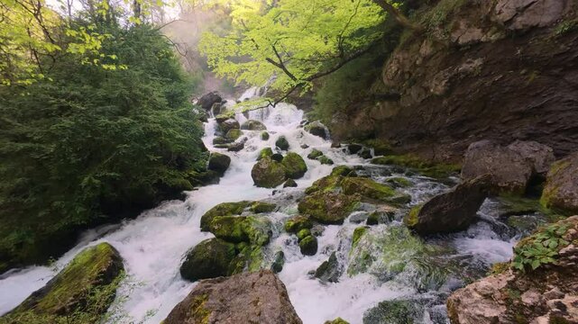 Man walking on forest trail illuminated by natural light in spring, 4K video at Fuente de Fornos, Badain, A&iacute;nsa, Huesca, Aragonese Pyrenees, quiet trekking experience
