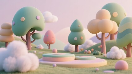 Whimsical Pastel Dreamscape with Cartoon Trees and Clouds