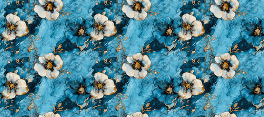 Seamless Floral Pattern: Delicate white flowers bloom across a textured blue surface in this beautiful seamless floral pattern, evoking feelings of serenity and natural beauty.