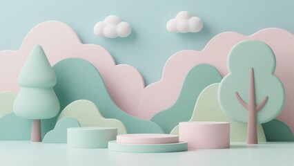 Whimsical Pastel Dreamscape with Cartoon Trees and Clouds