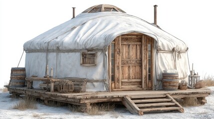 A traditional yurt stands on a wooden platform against a white backdrop.
