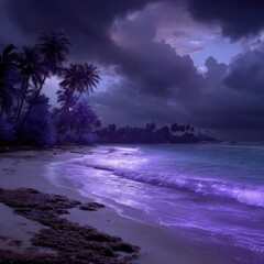 Eerie purple beach with dark cloudy sky, gentle waves, palm trees casting shadows