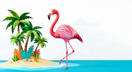 Flamingo tropical island palm trees summer beach ocean vacation paradise exotic bird wildlife nature art