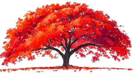 Vibrant autumn tree with bright orange and red leaves, wide canopy showcasing fall foliage, scenic landscape with colorful seasonal trees and clear sky