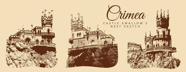 City ancient architecture, Crimea. Swallow's Nest Castle on a cliff. Vintage brown and beige graphics, engraved, vector. Old retro design.