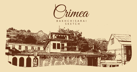 City ancient architecture, Crimea, Bakhchysarai. Muslim buildings, Khan's Palace. Vintage brown and beige graphics, engraved, vector. Old retro design.