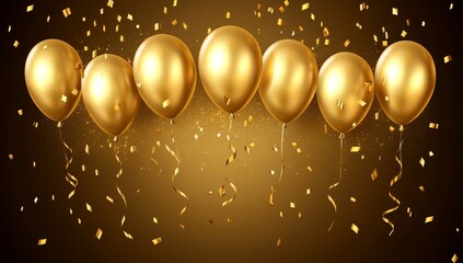 A modern birthday background featuring party confetti, balloons, and a gold balloon, with an orange happy isolated retirement element, frame, cartoon celebration, round object, and banner ballon