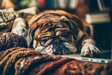 At home, a freelancer works diligently on their laptop, surrounded by the comforts of their adorable puppy and attentive dog, but in a busy square, the same person is a shocked and confused nerd,