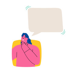 Business woman looking out of square window with speech bubbles. Flat vector illustration isolated on white