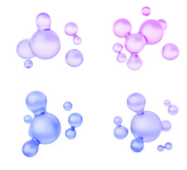 3d holographic glass morphism bubbles. Abstract liquid blob shapes, gradient fluid balls. Pink, blue and purple metaballs. Iridescent colorful dynamic spheres, isolated render set. 3D illustration