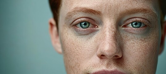 Obraz premium Portrait of a Young Freckled Man with Tired, Blue Eyes Against a Soft Pastel Background