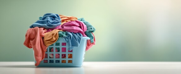 The laundry basket overflowing with colorful garments on a simple background.