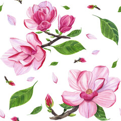 floral seamless pattern with large pink magnolia flowers, watercolor illustration for textiles, tableware, postcards, packaging