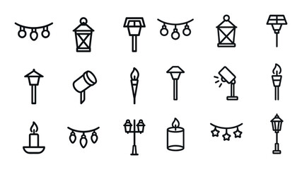 Outdoor lighting linear icons set – silhouette, line, lamps and lantern illustrations