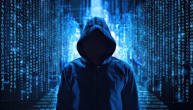 Mysterious hooded figure standing before a digital binary code background, representing cyber security, hacking, and digital crime concepts 