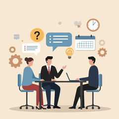 Three business people are sitting at a table with speech bubbles, a question mark, gears, a calendar, and a light bulb floating above their heads.