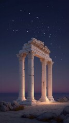 Fototapeta premium Night sky constellations dreamscape concept. Ancient columns illuminated by stars against a twilight sky, evoking a sense of wonder and history.