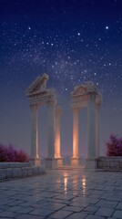 Naklejka premium Night sky constellations dreamscape concept. A mystical scene with ancient columns under a starry night sky.