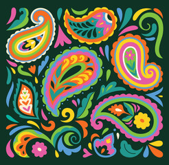 Floral Indian paisleys print isolated on dark green