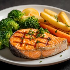 Salmon steak, one portion serving with vegetables