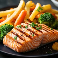 Salmon steak, one portion serving with vegetables