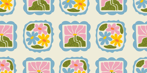Colorful floral seamless pattern illustration. Vintage style flower frame background design. Geometric natural wallpaper print, spring season nature backdrop texture with flowers.
