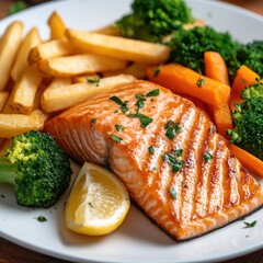 Salmon steak, one portion serving with vegetables