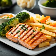 Salmon steak, one portion serving with vegetables