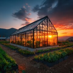 Obraz premium Warm sunlight streams through the glass greenhouse du a colorful sunset