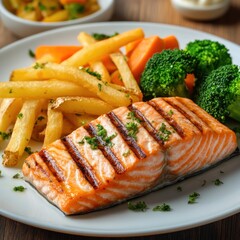 Salmon steak, one portion serving with vegetables