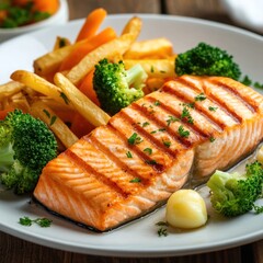 Salmon steak, one portion serving with vegetables
