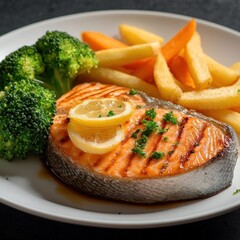 Salmon steak, one portion serving with vegetables