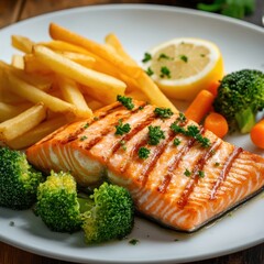 Salmon steak, one portion serving with vegetables