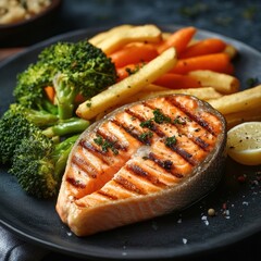 Salmon steak, one portion serving with vegetables