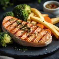 Salmon steak, one portion serving with vegetables