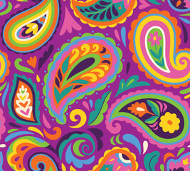 Pattern design. Floral paisleys isolated on purple background