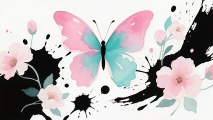 Elegant Butterfly with Floral and Ink Splash Elements