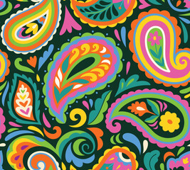 Pattern design. Floral paisleys isolated on dark green background