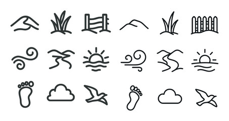 Nature and outdoor line icons set – outline, linear, environment and landscape symbols