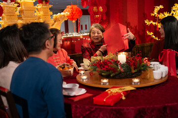 Smiling family celebrating Chinese New Year in restaurant
