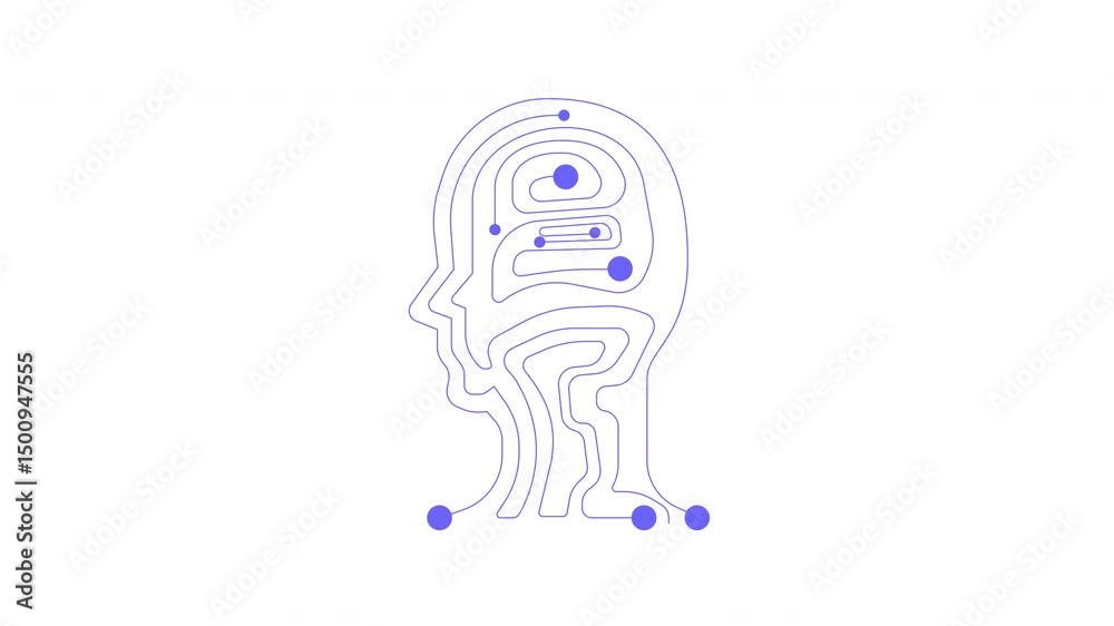 Poster abstract human head with circuit pathways and pulsing dots 2d cartoon object animation. ai circuitry