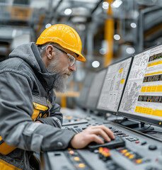 Industrial Engineer or Technician man work in the electrical control room looking at monitor of computers room for industrial business dashboard. Oil and gas industrial business concept