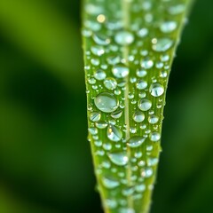 Fototapeta premium Close-up of dew-covered green leaf with sharp focus