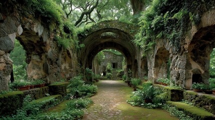 Overgrown stone arches create a magical pathway through ancient ruins ruins.
