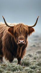 Highland cow with long hair standing in cold misty field